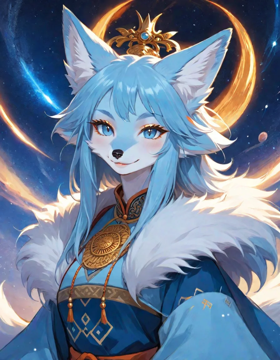 highly detailed, masterpiece, best quality, official art, anime style, (fox girl), furry body, Powder blue fur, slight smile, dressed in mongol clothing, character portrait, upper body, day, in the sky is earthlike planet and pulsar and coronal flares , <lora:Anime_Furry_Style_SDXL:0.8>