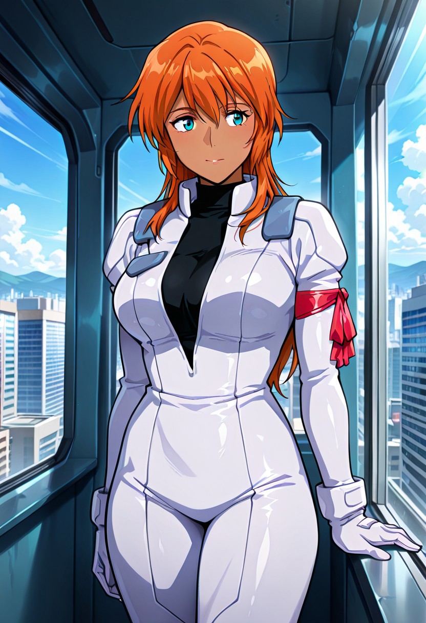 ((masterpiece, absurdres)), best quality, amazing quality, newest, 4k, anime coloring, very aesthetic, ray tracing, Smooth Quality, CG,city view,Francesca, 1 mature female, orange hair, long hair, blue eyes, dark skin, pilotsuit, turtleneck t-shirt, arm ribbon,gloves