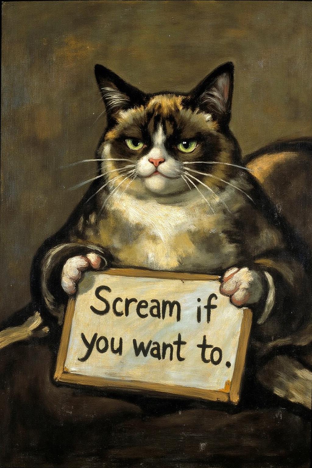 g0ya1 painting of Grumpy Cat holding a sign that says "Scream if you want to".  <lora:g0ya2_cap_d6a3e12:1.0><lora:823863586234541115:0>