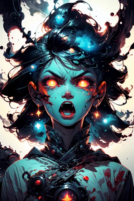 glowing eyes, glow, rage transformation, (red eyes:1.2), (rage:1.2), psycho, (madness:1.2), (angry:1.4), wide-open eyes, (blood:1.2), bloody face, open mouth, shout, (raging:1.2), (tears:1.2), 
masterpiece, abstract, fade out, dream, cosmic, 
<lora:more_details:0.4>
 <lora:Cosmic anime-oil fusion v2:0.45> 
<lora:AnimeVibesV3:0.3> animevibes, 
<lora:3DMM_V11:0.5> 3DMM 
<lora:midjourney_20230624181825:0.45> midjourney ,
 <lora:LAS:0.2> cloud,colorful,
<lora:msw_locon-t2:0.6>
 <lora:wuxia2:0.5> gu,
 <lora:CelestialSkin2:0.6> dark celestialskin body, void cosmic body,, shiny, shiny hair, shiny skin, shiny clothes