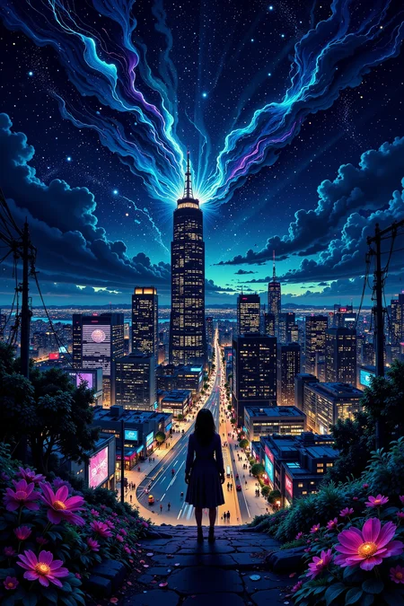 big city beautiful  landscape, bright luminous starry night, woman, very intricate, very detailed, sharp, bright, colorful, <lora:Hand v2:0.5> <lora:Anti-Blur:1><lora:Insane Detail Slider:0.25>  <lora:flux.1_lora_flyway_Epic-detail_v2:0.3> <lora:fluxenhancer:0.25> <lora:ck-Neon-Retrowave:0.4> ck-rw, in the style of ck-rw,  <lora:Neurocore Anime Cyberpunk:0.8> A digital artwork in the style of cknc