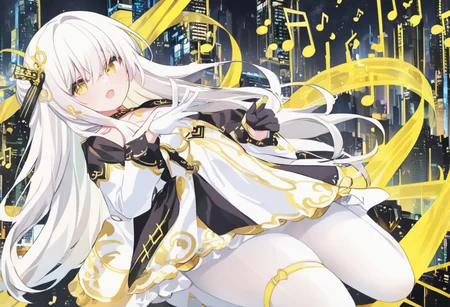 Best quality, masterpiece, sci-fi extremely dark abyss city, music notes, one singer girl with round pert breasts, majestic walk, hands gesturing, adorable pure white long loose hair, simple hairpin, adorable smooth happy face, singing, open mouth, bright yellow eyes, detailed kawaii makeup, beautiful white dress with long sleeves and gloves, slim waist, very short miniskirt, white tights, thick clavicle, thick pelvis, thick hips, thick thighs, heels