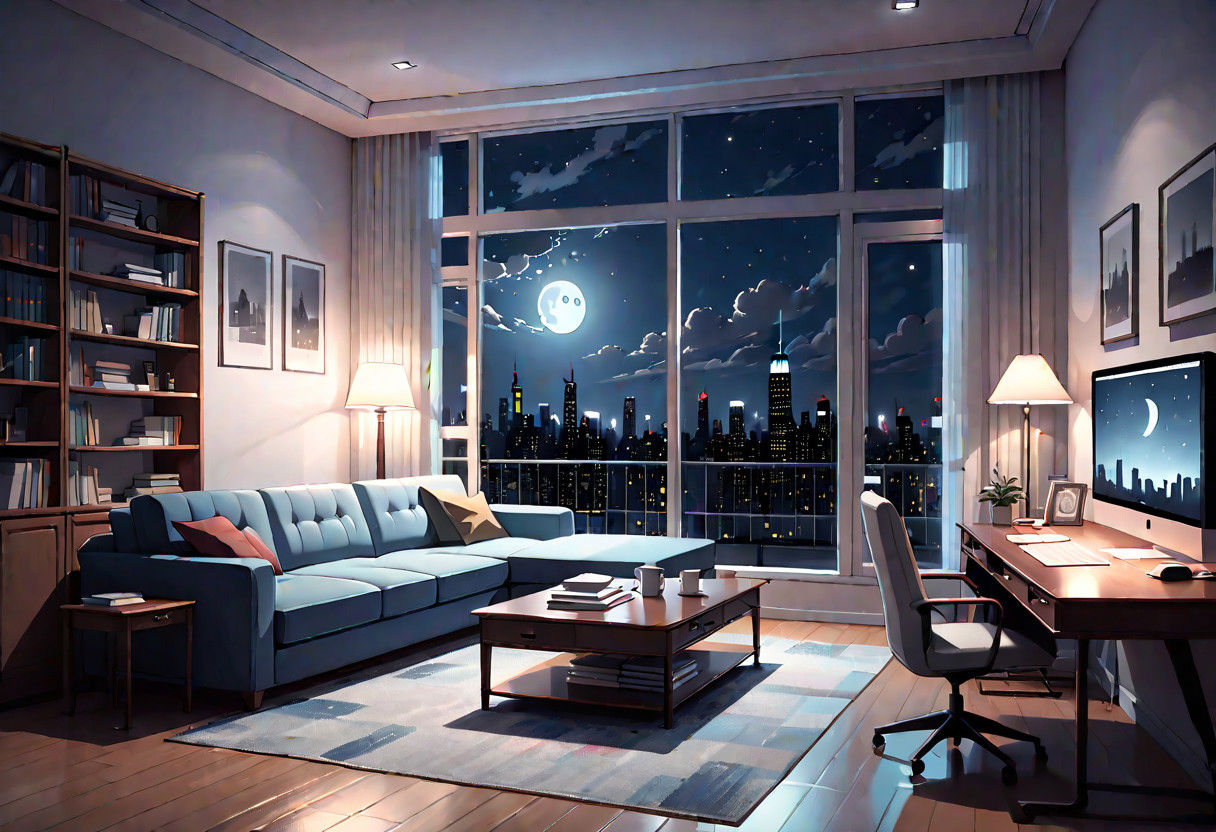 ((front view)), Shallow scene, ((animation style)), modern-style interior, with white walls, (large windows), a  study, Sofa, coffee table, bookcase, single wall, gloomy room, Turn off the indoor lights and turn on only the desk lamp, quiet and mysterious night sky, starry sky, moonlight, city night view, (City high-rise building scenery), (City scenery outside the window)