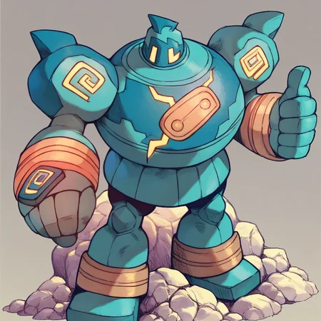 Score_7_up, score_8_up, score_9 upper body,, golurk, blue body, rocky body, yellow accents, mouthless, thumbs up, facing viewer, simple background,