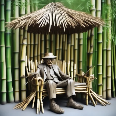 an Oldman made out of Jed-Bmbrts sitting in a chair made out of Jed-Bmbrts reading newspaper made out of Jed-Bmbrts on the park made out of Jed-Bmbrts, in a world made out of Jed-Bmbrts, <lora:BambooRootsStyle:1>