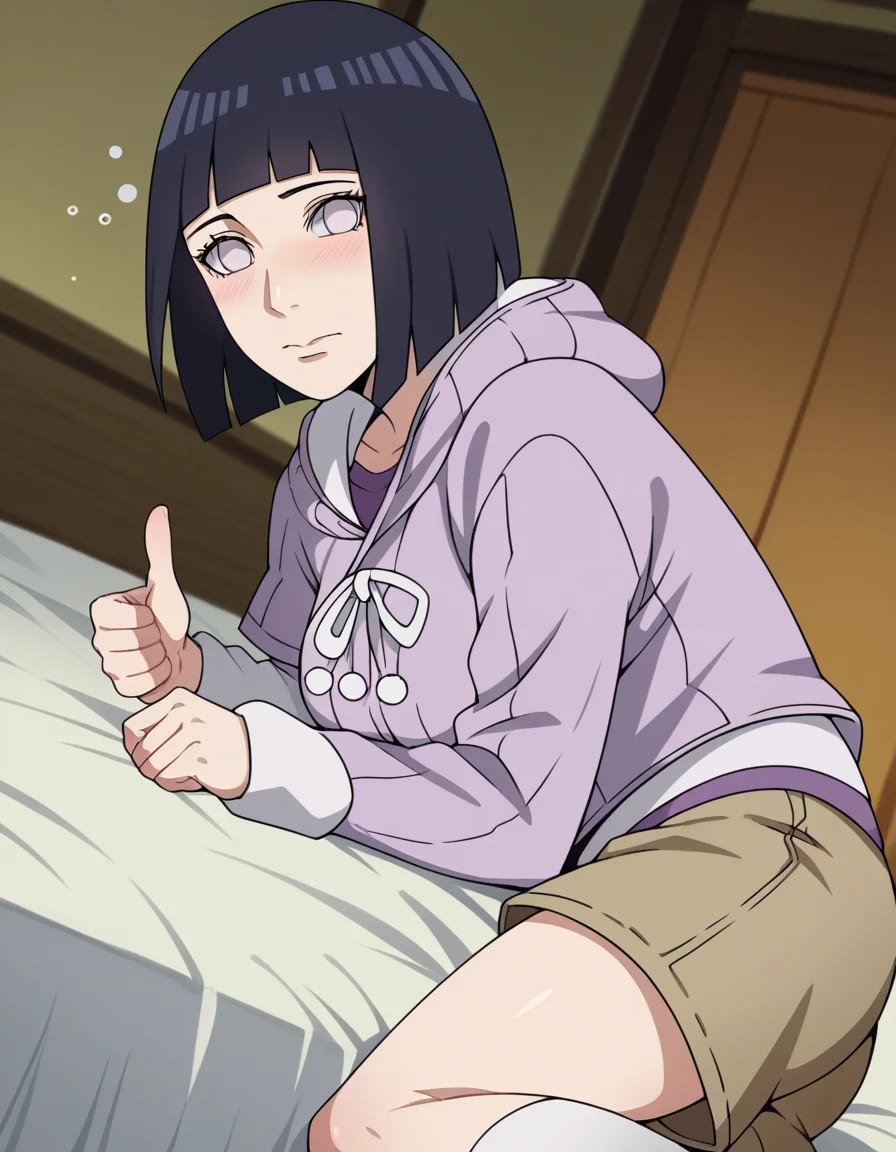 score_9, score_8_up, score_7_up, source_anime, <lora:hinata-hyuuga-boruto-anime-ponyxl-lora-nochekaiser:1>, hinata uzumaki, hyuuga hinata, short hair, bangs, black hair, blunt bangs, white eyes, mature female, large breasts,, long sleeves, shorts, hood, kneehighs, hoodie, hood down, brown shorts,, indoors, bed, bed room, on side, blush, drunk,, , looking at viewer, hand showing a thumbs down, solo,, cowboy shot, dutch angle