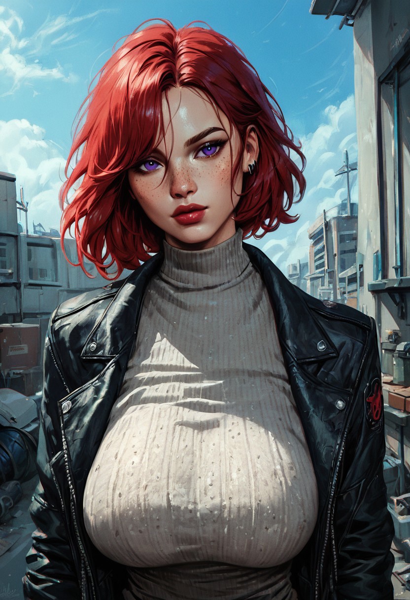 (Huge breasts), score_9, score_8_up, score_7_up, score_7, score_6_up, 1girl, blue sky, Violet eyes, looking at viewer, eye contact, score_9, score_8_up, score_8_up, Expressiveh, Dirty female mechanic in workshop, Dirty work jacket. Red Hair. Freckles.