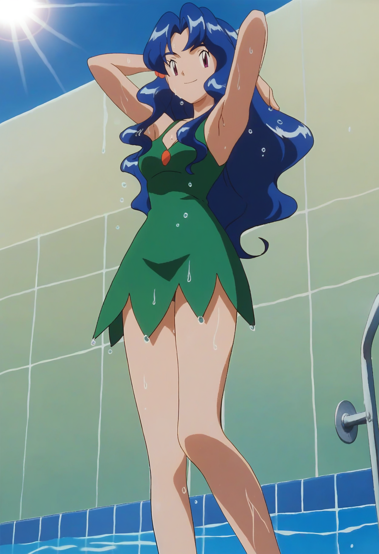 score_9, score_8_up, score_7_up, score_6_up, source_anime, pokemon \(anime\) style, official art, <lora:PMViolet:1>, PMViolet, 1girl, solo, blue hair, long hair, purple eyes, wavy hair, bangs, hair bobbles, medium breasts, 
green dress, white shoes,
armpits, arms behind head, looking at viewer, seductive smile, full body, cowboy shot, sweat, standing, wet,
BREAK pool, sunlight, blue sky, tile wall,