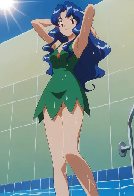 score_9, score_8_up, score_7_up, score_6_up, source_anime, pokemon \(anime\) style, official art, <lora:PMViolet:1>, PMViolet, 1girl, solo, blue hair, long hair, purple eyes, wavy hair, bangs, hair bobbles, medium breasts, 
green dress, white shoes,
armpits, arms behind head, looking at viewer, seductive smile, full body, cowboy shot, sweat, standing, wet,
BREAK pool, sunlight, blue sky, tile wall,
