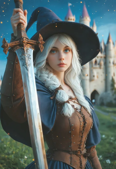 safe_pos, young woman, solo, Looking at viewer, Masterpiece a stunning female witch, ((full clothed witch outfit with armor, witch hat)), Blue eyes, long bob white hair with bangs, Dynamic action pose,
(Holding a huge sword:1.5)
Background: (Medieval castle, night sky: 1.9)
score_9, score_8_up, score_7_up, score_6_up, source_cartoon, rating_explicit, Expressiveh, (((((upper body))))), dynamic pose
<lora:Dynamic Poses:1>
<lora:detailed_notrigger:1>
(((full clothed)))
