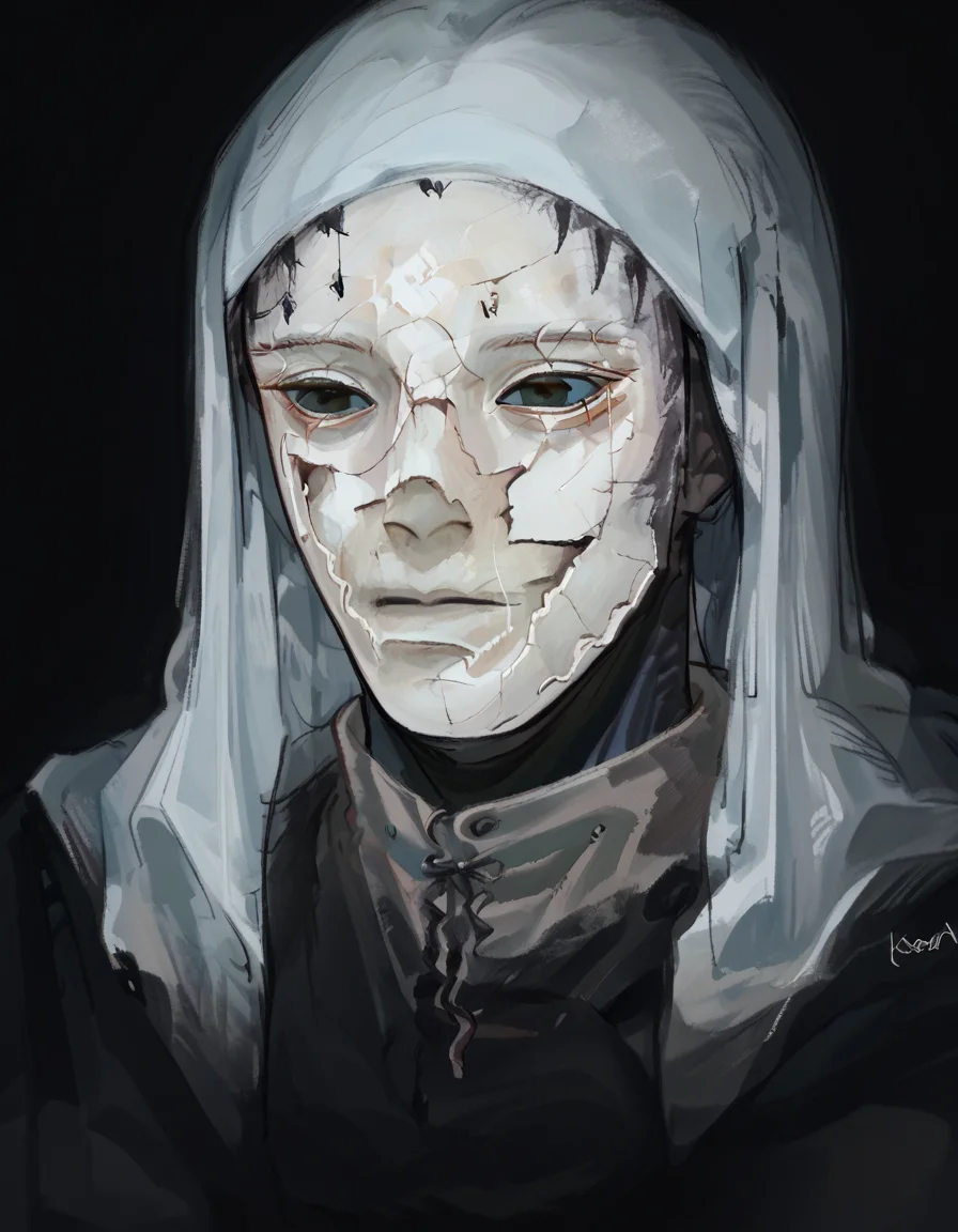 score_9, score_8_up, score_7_up, source_anime, upper body, solo, black background, 1boy, CoverMadrabyNewDad, eveyuno, <lora:CoverMadrabyNewDad:1>, white-faced_varre, white hood, mask, <lora:white-faced_varre:1>