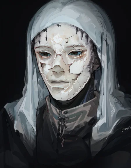score_9, score_8_up, score_7_up, source_anime, upper body, solo, black background, 1boy, CoverMadrabyNewDad, eveyuno, <lora:CoverMadrabyNewDad:1>, white-faced_varre, white hood, mask, <lora:white-faced_varre:1>
