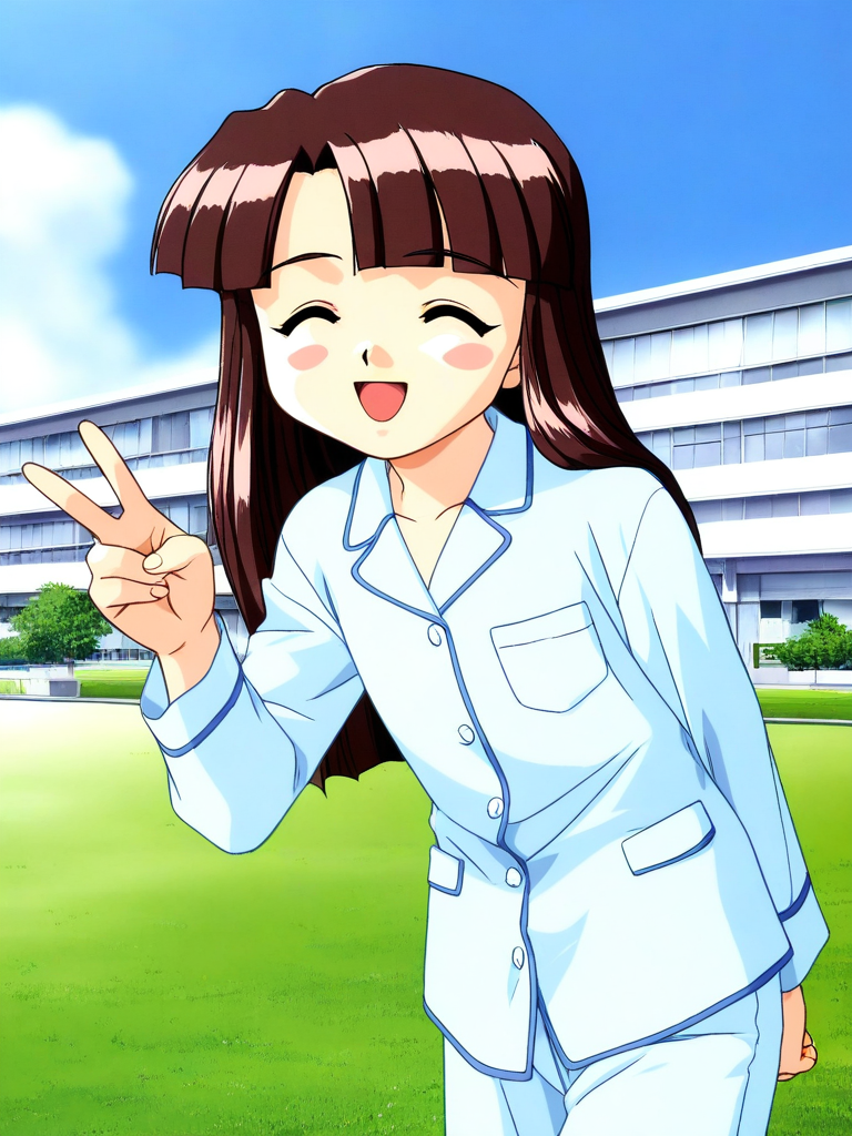 general,highres, ultra-detailed,very aesthetic,best quality ,best hands, BREAK <lora:Sakurai_Miyuri_Suchie-Pai_Ver2.0_IS:1>
Sakurai_Miyuri, 1girl, solo, brown hair, long hair, closed eyes, blunt bangs,
open mouth,
smile,closeup-face
light blue pajamas, v,
blue sky, day, grass. outdoor, hospital building,