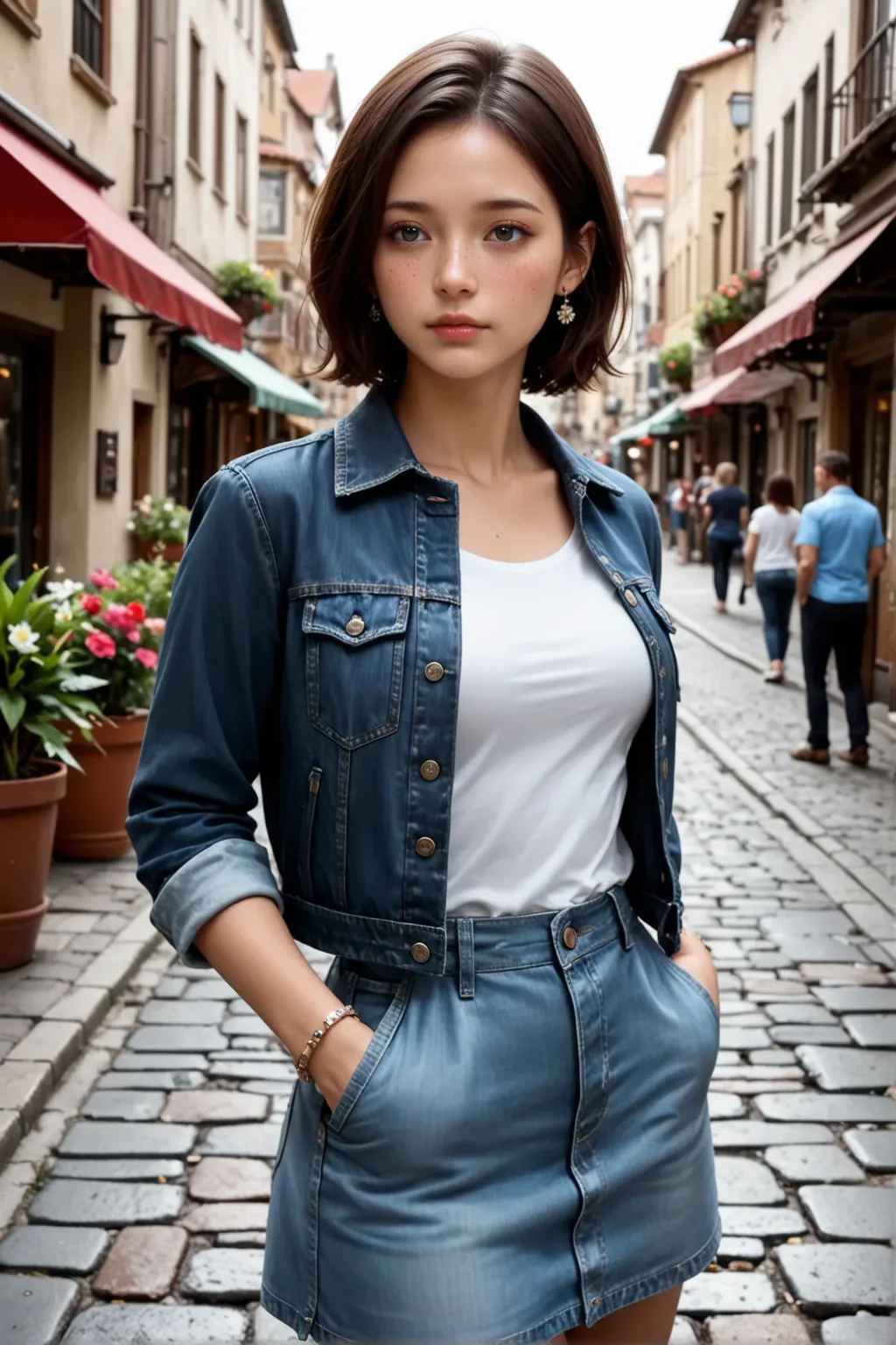 realistic, photorealistic, RAW photo, ultra detailed,best quality,ultra high resolution, cowboy shot,
cute, jewelry, denim jacket, earrings, hands in pockets, shirt, bracelet, looking at viewer, outdoors, potted plant, solo focus, town, brown hair, 1girl, jacket, short hair, plant, white shirt, blue jacket, lips, skirt, buttons, hand in pocket, day, denim, open clothes, closed mouth, street, alley, building, blue eyes, cobblestone, realistic, city, flower pot, open jacket, sunlight, nose, backlighting, long sleeves, vanishing point, unbuttoned, road, blurry, freckles, breasts, pavement, blurry background, people, cowboy shot, medium breasts, looking to the side, standing, shirt tucked in, mole, multiple others
<lora:japanese_girl_v1.1:0.7> jpn-girl <lora:Beautiful_Girls_V4:0.5> btiflgrlsnrv4