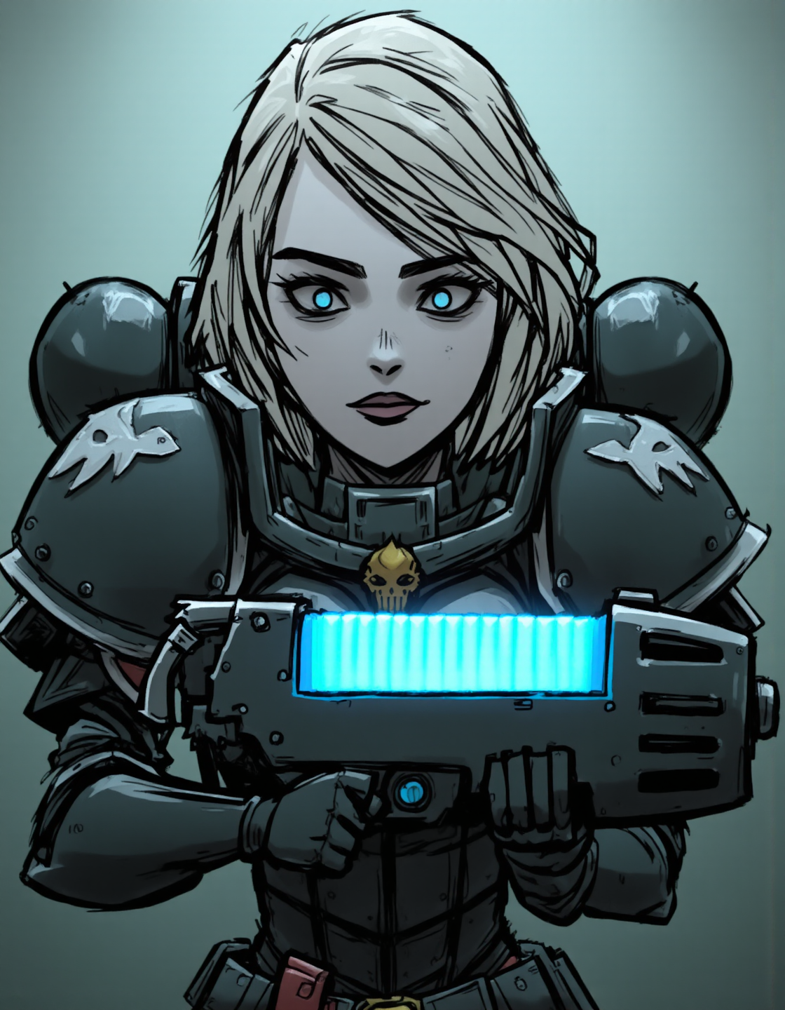 A sister of battle in full gloss dark green power armor holding a plasma gun with a blue glow
in style of dstgame stylized graphic novel illustration