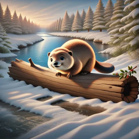 masterpiece, best quality, absurdres, animal christmas, christmas theme,
animal focus, no humans,
beaver, river, log, mistletoe,
snow, outdoors