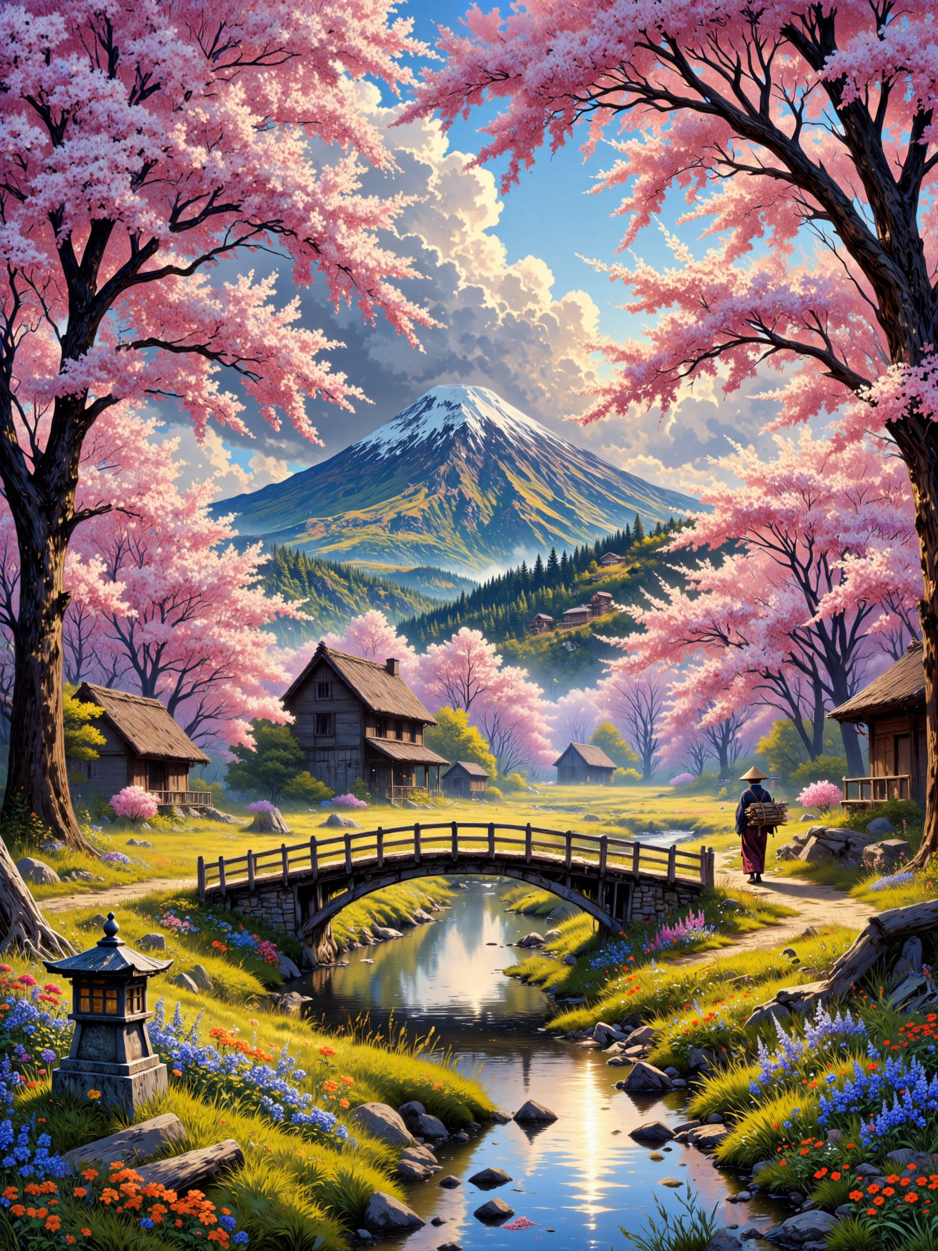 masterwork impressionistic oil painting on canvas, dramatic sky, dramatic lighting, a picturesque japanese countryside in the late 19th century, springtime, mount fuji rising majestically in the distance, partially veiled by a soft morning haze, cherry blossom trees in full bloom lining a gently meandering brook, their pink petals drifting to the ground and floating on the waterâs surface, traditional thatched-roof farmhouses nestled harmoniously among the trees, their rustic charm blending seamlessly with nature, distant forested mountains stretch across the horizon, softened by atmospheric mist, dramatic sky, lingering rainclouds breaking apart, shafts of warm sunlight piercing through gaps in the overcast sky, casting a gentle glow across the landscape, a crystal-clear stream winds through the scene, reflecting the soft colors of the sky and blossoms, the banks adorned with vibrant wildflowers in shades of blue, purple, and orange, in the middleground, a quaint wooden bridge, weathered by time, arches over the stream, blending naturally into the serene setting, subtle cultural details enrich the scene: a bamboo water spout trickling into a moss-covered stone basin, the faint suggestion of a stone lantern hidden among the blossoms, a lone traveler in traditional japanese attire, wearing a wide straw hat, walks along a narrow dirt path by the brook, carrying a small bundle of firewood on his back, wide-angle panoramic shot, slightly elevated perspective, capturing the vastness of the countryside and the travelerâs small place within it, soft, diffused morning light, sunbeams filtering through the clouds, casting dappled highlights onto the ground and shimmering on the waterâs surface, light mist over the mountains heightening the dreamlike atmosphere, painted with loose, expressive brushstrokes, impasto texture bringing life to the blossoms and wildflowers, subtle interplay of pastel pinks, soft greens, warm earth tones, and cool blues, an evocative celebration of springâs fleeting beauty, balancing serenity with the gentle tension of nature after rain, <lora:style-vibrantly_sharp-v5-flux-by_bra2ha:0.6> <lora:image_enhancer-flux-by_dever:0.8>