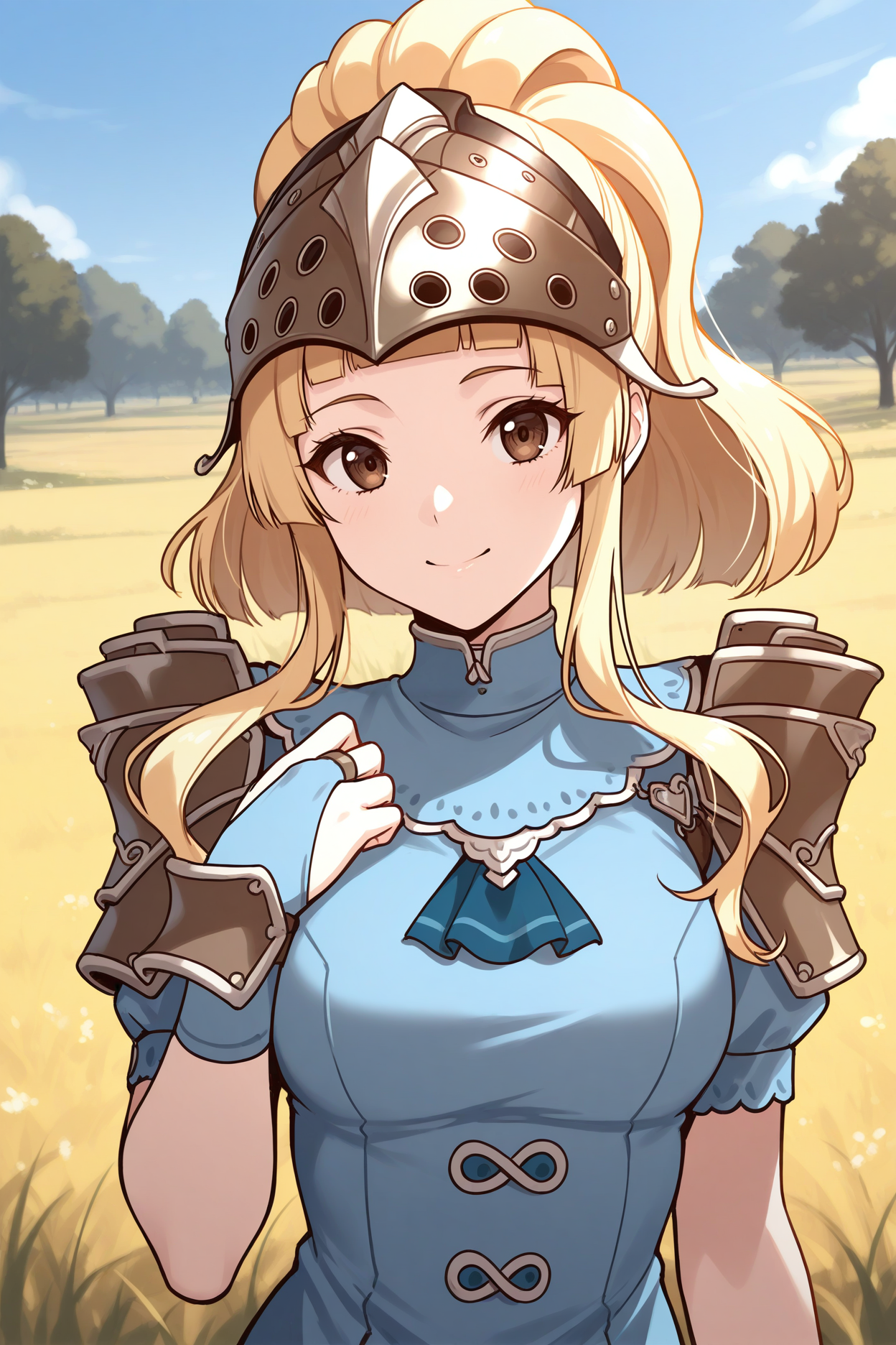 masterpiece, best quality, 1girl, solo  <lora:feclair-illu-nvwls-v1-000005:1> cl4ir, high ponytail, blonde hair, sidelocks, blunt bangs, brown eyes, helmet, light blue dress, short dress, short sleeves, shoulder armor, blue ascot, bridal gauntlets, light blue gloves, , upper body, blue sky, trees, field, looking at viewer, smile