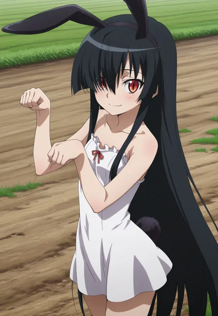 akame, long hair, black hair, red eyes, slit pupils, hair over one eye, perfect face, cute, petite, orange eyes, bunny ears, black ears, bunny tail, dress, sleeveless dress, strapless, slim fit, short dress, cowboy shot, happy, on hand, paw pose, looking at viewer, farm, grass,