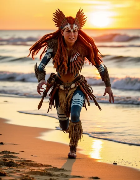 A photo realistic picture of a tribal huntress sprinting across the edge of a beach, her long red hair is tied on multiple braids flowing over her shoulders, her tenakth armor decorated with feathers covering her toned body covered in bodypaint, her heapon rests on her back and shines with the sun as it sets over the horizon
<lora:Aloy_Forbidden_West:.9> <lora:detailer_flux_v1:.5>