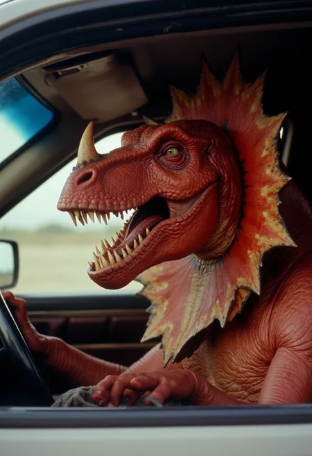 cinematic medium shot of an angry dinosaur driving a car, taken through the side window. It has red skin, two horns and a large skin frill on its neck, photorealistic, sharp focus, very detailed skin texture <lora:dinosaur_practical_fx-000025:1>