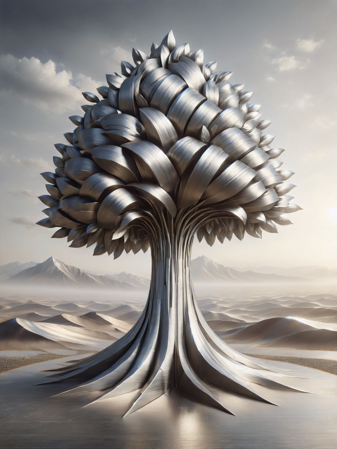 A single, towering ais-steelz tree standing on a barren plain, symbolizing resilience and strength, the sun rising over distant mountains <lora:Brushed_Steel_Style_SDXL:1>