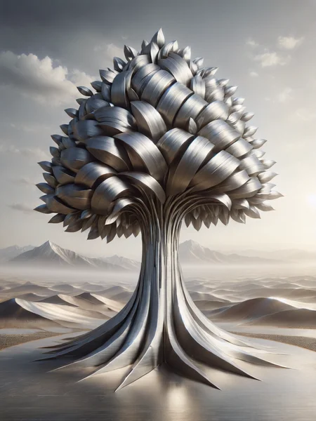 A single, towering ais-steelz tree standing on a barren plain, symbolizing resilience and strength, the sun rising over distant mountains <lora:Brushed_Steel_Style_SDXL:1>