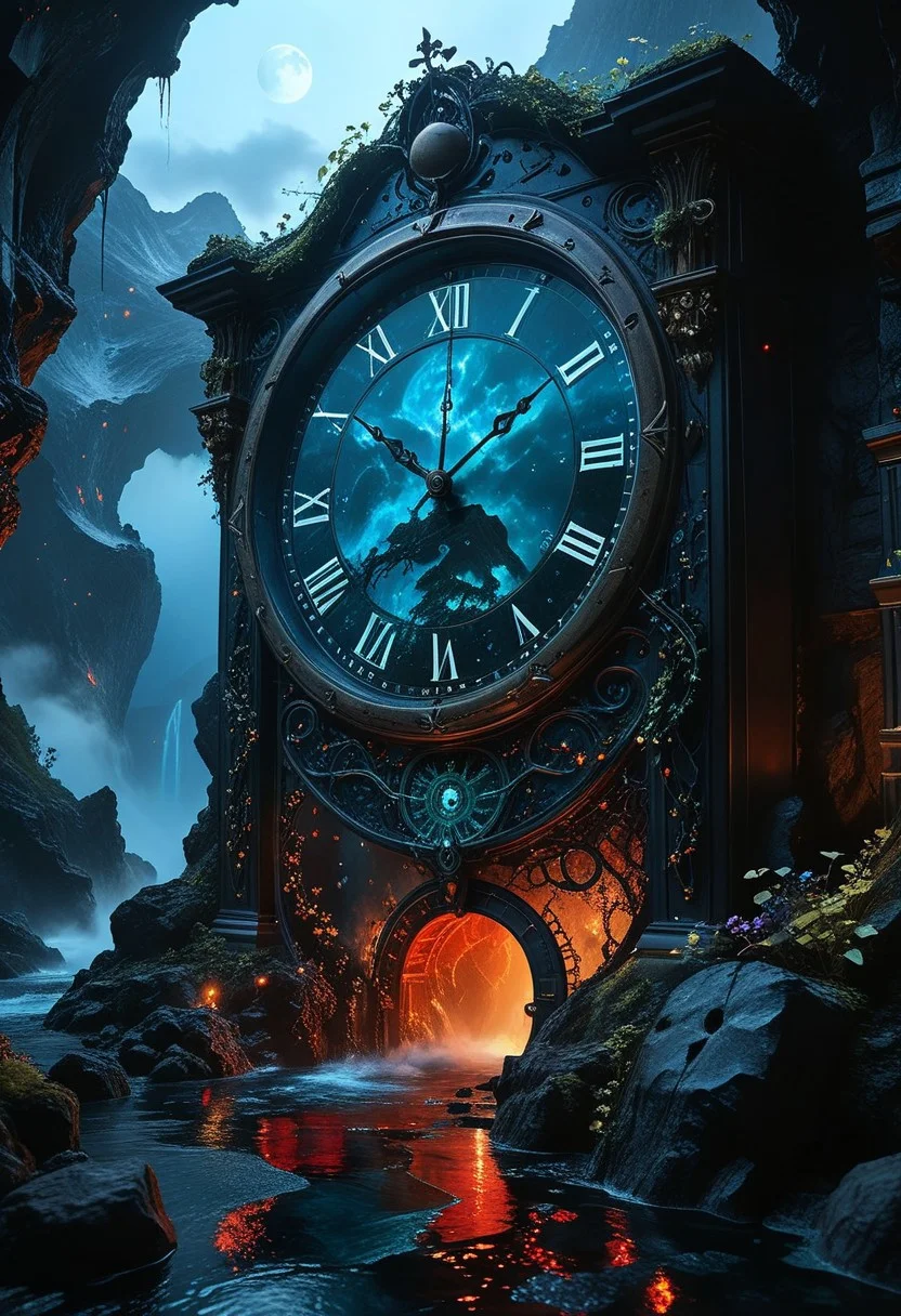 top- down, fantastical and surreal scene, closeup inside of an enormous ancient pocket_clock standing upright with its cover open revealing a magical portal, portal inside the clock, Through the portal is a breathtaking landscape unfolds, towering mountains, a cascading volcano, a steaming river winding through a burned forests, The edges of the pocket_clock are adorned with intricate glowing runes and vines, the clock resting on obsidian floor, mystical touch, illuminated by a crescent moon and twinkling stars, dreamlike and otherworldly atmosphere, sense of adventure and wonder, ((red-blue, artifact,
<lora:aidmaMTG-CardsXL-v0.1:1> ,mtg, mtg card)), view from above,
(score_9, score_8_up:1.1), score_7_up, a fine color ink lineart sketch, (reflective volumetric), raytracing, absurdres, dark, low-key,