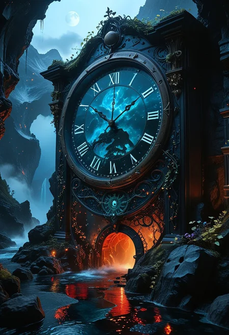 top- down, fantastical and surreal scene, closeup inside of an enormous ancient pocket_clock standing upright with its cover open revealing a magical portal, portal inside the clock, Through the portal is a breathtaking landscape unfolds, towering mountains, a cascading volcano, a steaming river winding through a burned forests, The edges of the pocket_clock are adorned with intricate glowing runes and vines, the clock resting on obsidian floor, mystical touch, illuminated by a crescent moon and twinkling stars, dreamlike and otherworldly atmosphere, sense of adventure and wonder, ((red-blue, artifact,
<lora:aidmaMTG-CardsXL-v0.1:1> ,mtg, mtg card)), view from above, 
(score_9, score_8_up:1.1), score_7_up, a fine color ink lineart sketch, (reflective volumetric), raytracing, absurdres, dark, low-key,