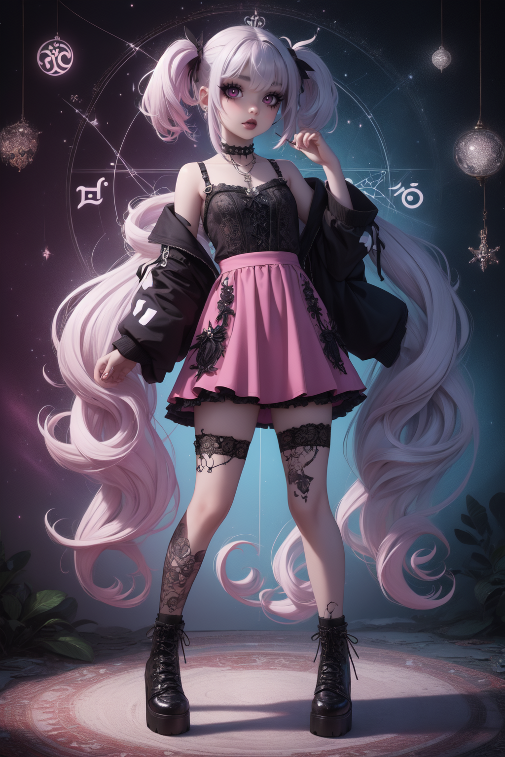 breathtaking full shot, full body, 1girl,  <lora:edgPastelGothFashionv1:0.4> edgPastelGoth, pink outfit, wearing edgPastelGoth <lora:snak3platf0rm:0.2> snak3platf0rm eyeliner5 EyeDetail HairDetail <lora:water-a-e-style-darquelilly-v1:0.7> waterastrologystyle <lora:egirlmakeup:0.4> egirlmakeup, masterpiece, award-winning, professional, highly detailed