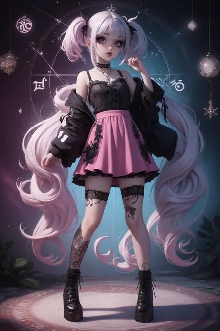 breathtaking full shot, full body, 1girl,  <lora:edgPastelGothFashionv1:0.4> edgPastelGoth, pink outfit, wearing edgPastelGoth <lora:snak3platf0rm:0.2> snak3platf0rm eyeliner5 EyeDetail HairDetail <lora:water-a-e-style-darquelilly-v1:0.7> waterastrologystyle <lora:egirlmakeup:0.4> egirlmakeup, masterpiece, award-winning, professional, highly detailed