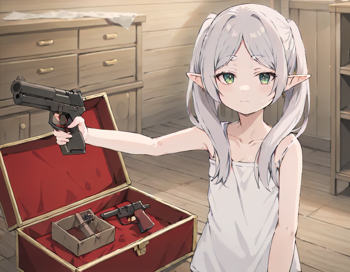 masterpiece,solo,anime-style,a  girl; holding a gun in her one hand,<lora:frieren_meme-000014:0.85>,room,squinting eyes,treasure chest