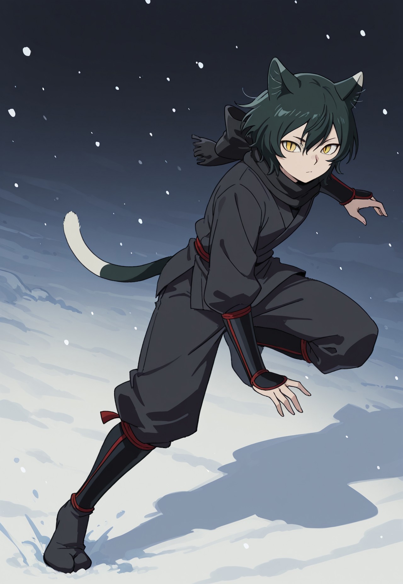 safe_pos, score_9, score_8_up, score_7_up, masterpiece, best quality, very aesthetic, Dunmeshi_Izutsumi, 1girl, solo, cat ears, black hair, short hair, yellow eyes, slit pupils, cat tail, IzuNinja, ninja outfit, alternate outfit, vambraces, dougi, black pants, jika-tabi, black scarf, full body, snow, dynamic pose, perspective