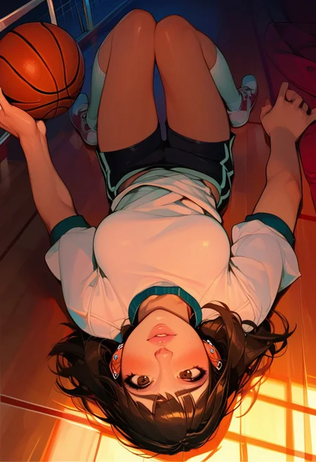 (score_9, score_8_up, score_7_up, score_6_up), dynamic angle, anime realism, UHD, beautiful, 8k, source_anime, (anime style:1.1), Semi-realism, 1girl, solo focus, disney princesses face, brown eyes, medium breasts, laying upside-down, on basketball court , holding basketball, blush, gym uniform, (full body:1.2), socks, innocent looks, freckles, full body dynamic angle, makeup, bangs, earrings, from above, looking up