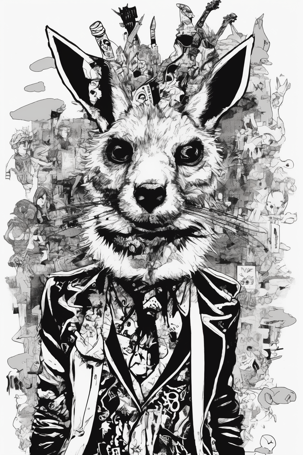 Jim Mahfood Style - Develop a series of edgy animal characters featuring surreal and imaginative clothing inspired by punk rock. Use black and white, ink illustrations, and edgy animal characters to evoke an artistic atmosphere. Keywords: edgy, ink, punk, Doodles, Surreal, Imaginative, fashion Logo Style: Hand-drawn and edgy Media Used: Pen and ink Artist reference: Raymond Pettibon