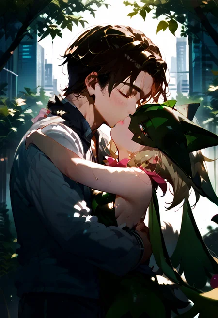 score_9, score_8_up, score_7_up, 1girl, 1boy,  deep kiss, head tilt, kiss, hug,  meowscarada  <lora:deep_kiss:1> in city