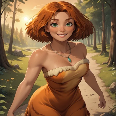 score_9, score_8, BREAK, solo, dark orange hair, green eyes, freckles, off shoulder dress, primitive dress, fur trim dress, necklace, breasts, barefoot, dark skin, dark skin female, Eep_Crood_(The_Croods), sexy pose, self portrait, smile, outdoors, sunlight, shadows, evening lighting, natural lighting, forest, trees, grass, orange sky, sunset