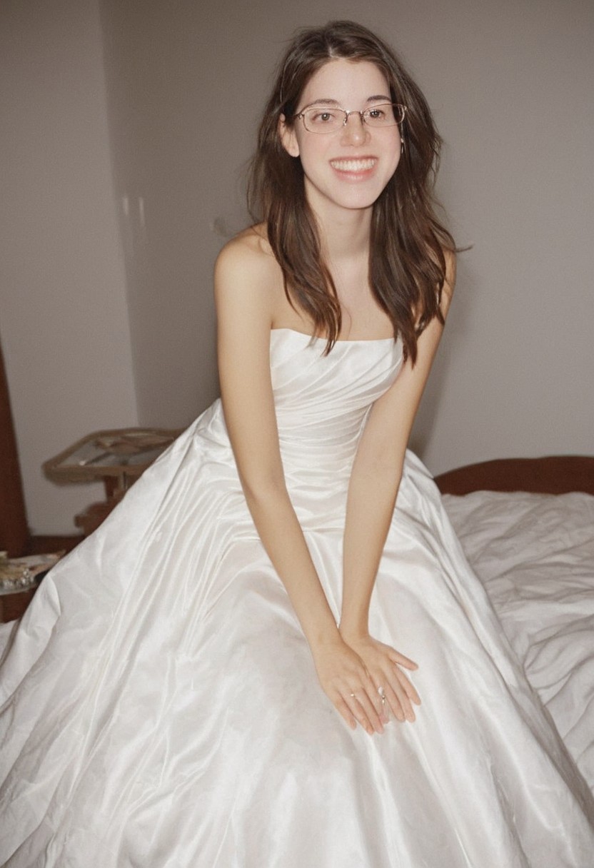 realistic photo of Beautiful young woman, perfect medium perky natural breasts, 2009 style, low rise, low contrast style, 8mm film, analog photography style, long brown hair, sharp facial features,thick nerdy glasses, pale white skin, , influencer, brown eyes, no makeup, instagram, detailed skin texture, detailed eyes, detailed face, slim, (small waist, wide hips, thick thighs:1.2), (sexy wedding dress:1.3), happy, smiling, juicy ass,