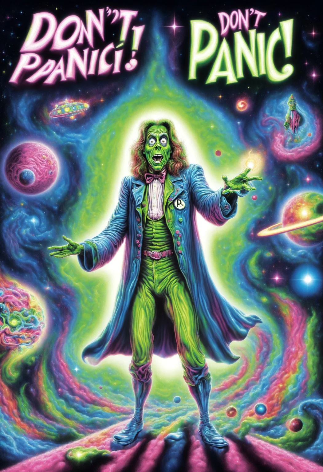 DonMD0n7P4n1cXL, text "DON'T PANIC!", male grel, quantum sorcerer, <lora:DonMD0n7P4n1cXL:1>
