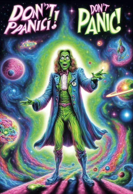 DonMD0n7P4n1cXL, text "DON'T PANIC!", male grel, quantum sorcerer,  <lora:DonMD0n7P4n1cXL:1>