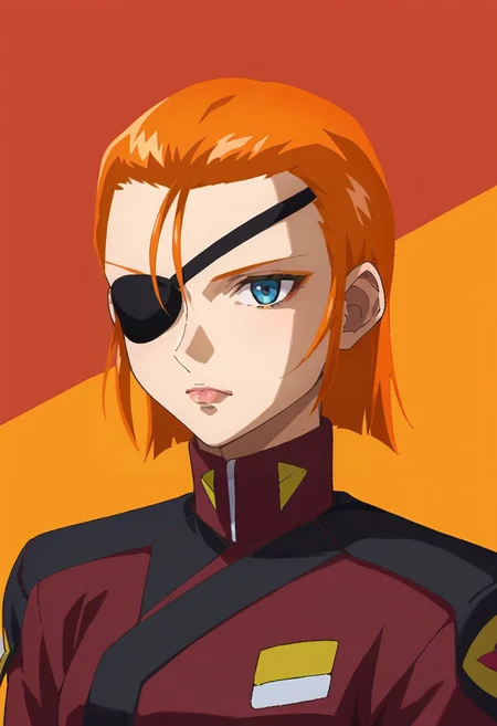 score_9,score_8_up,score_7_up,score_6_up,score_5_up,score_4_up,anime coloring,source_anime,<lora:Hilda_Harken_SEED_Destiny_Pony:0.8>,hilda,1girl,solo,blue eyes,orange hair,short hair,hair slicked back,eyepatch,red jacket,multicolored background,portrait,upper body,looking at viewer,