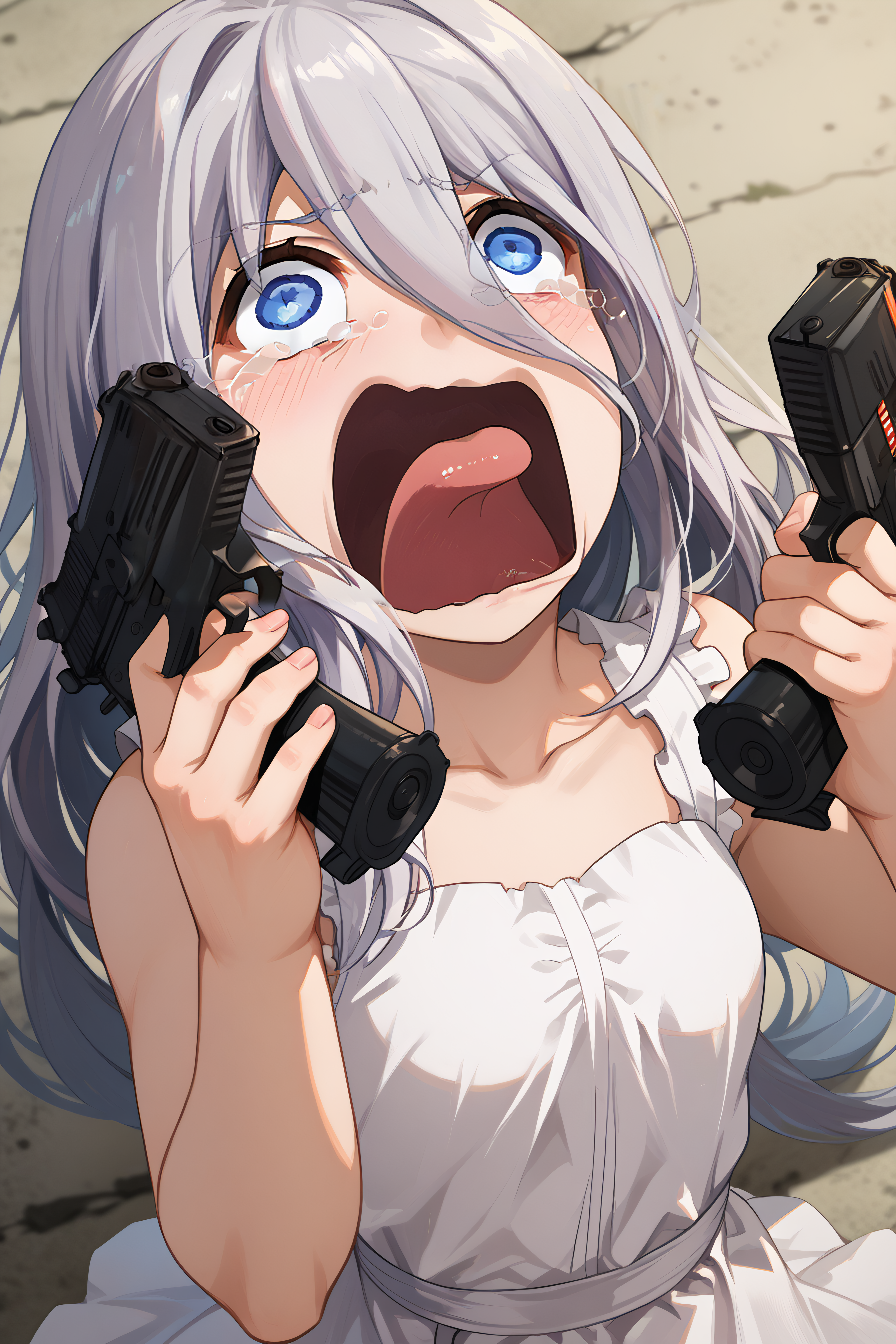 score_9, score_8_up, score_7_up, score_6_up, source_anime, BREAK, <lora:Mio Takamiya-PonyXL-lora-Faxtron:0.85> mio takamiya, blue eyes, grey hair, long hair, hair between eyes, white dress, collarbone, sleeveless,
<lora:crying-aqua-ponyxl-lora-nochekaiser:1> crying aqua, crying aqua (meme), screaming, crying, crying with eyes open, tears, tongue, open mouth,,  <lora:DanielRadcliffeHoldingTwoGunsMeme_pdxl_Incrs_v1:1> handgun, holding gun, holding weapon, dual wielding, finger on trigger,