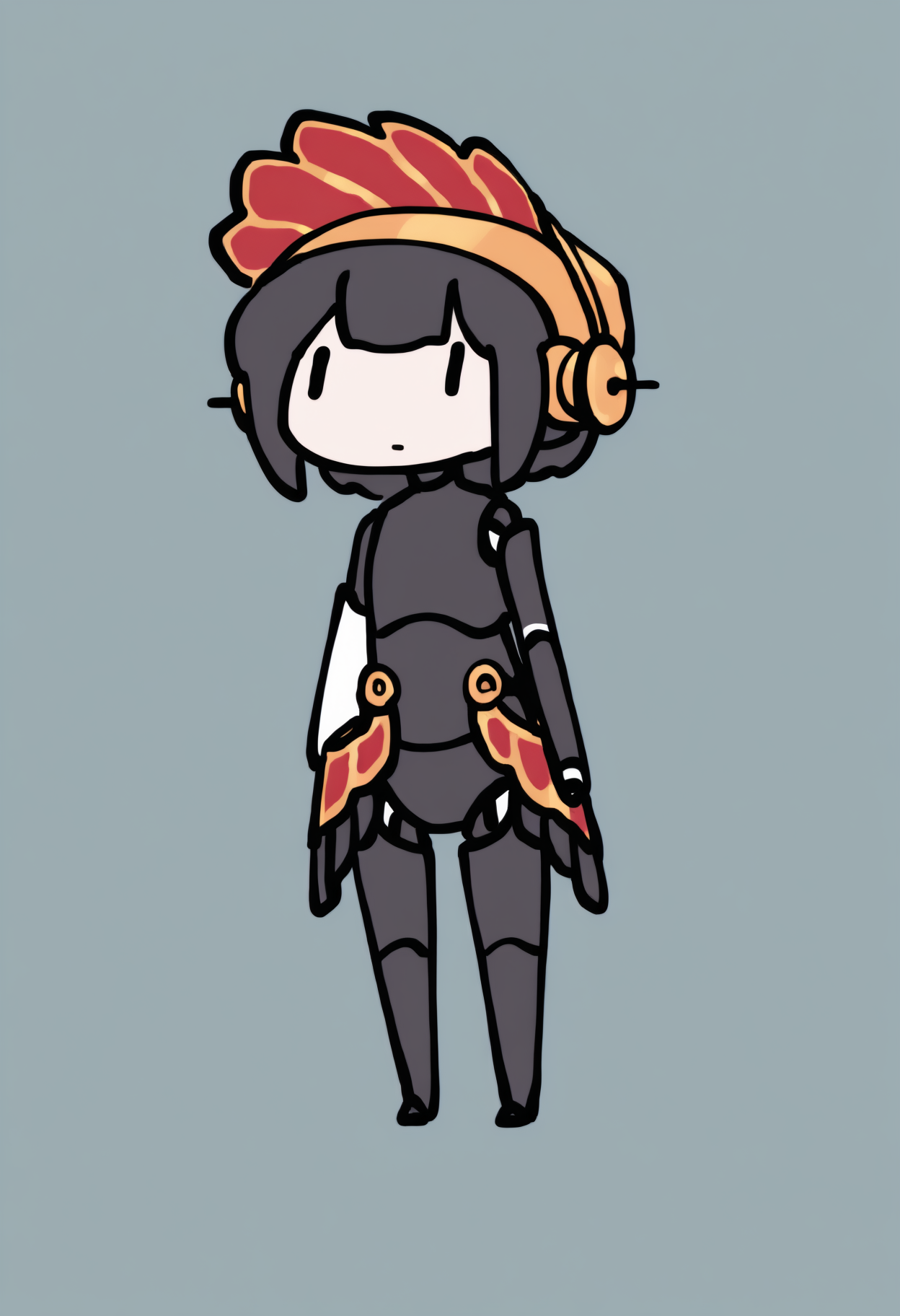 masterpiece, best quality, newest, chibi, full body, solo, 1girl, m3tis, android, robot joints, expressionless, standing, short hair, black hair, helmet, | |, white gloves, single elbow glove, showgirl skirt, simple background