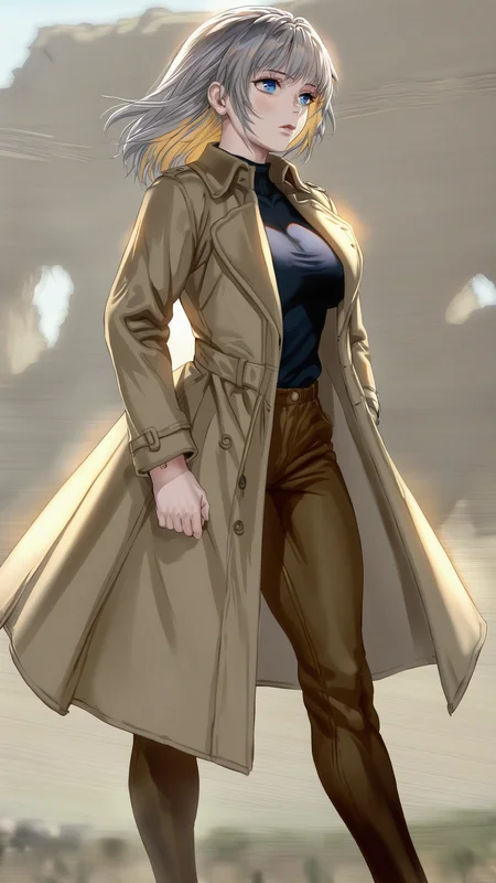 masterpiece, best quality,
,source_anime,
masterpiece,ultra-detailed,best quality,8K,illustration,simple background,
1girl, blonde hair,blue eyes,Spanish gray hair,realistic,large breasts,Harvest gold hair,trench coat,pants,<lora:foomXLlokr8f-000184:1>