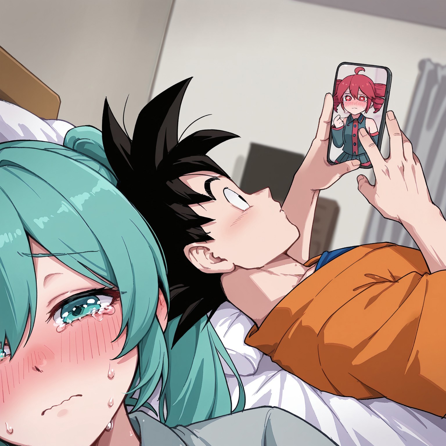 dawgo, 1boy, 2girls, son goku, hatsune miku, kasane teto, blush, nose blush, tears, crying, crying with eyes open, tearing up, holding phone, selfie, closed mouth, phone, indoors, bed, on back,
