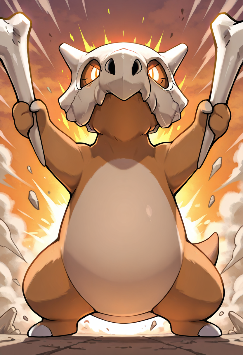 masterpiece, best quality, no humans,   ,<lora:CubonePokedex_IXL:1.0>,  zzCubone, standing, battle-ready, gripping bone club, determined expression, glowing eyes, dynamic pose, dust clouds, rocky battlefield, sunset background, intense lighting, glowing aura, dramatic shading