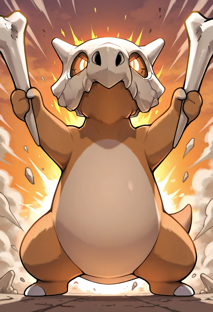 masterpiece, best quality, no humans, ,<lora:CubonePokedex_IXL:1.0>, zzCubone, standing, battle-ready, gripping bone club, determined expression, glowing eyes, dynamic pose, dust clouds, rocky battlefield, sunset background, intense lighting, glowing aura, dramatic shading