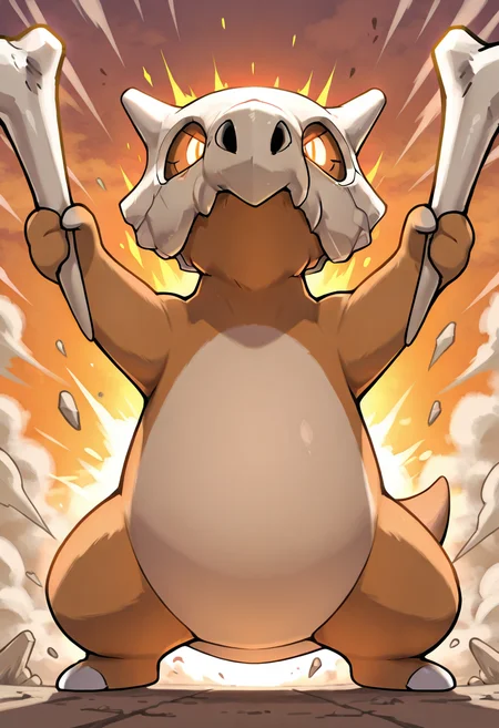 masterpiece, best quality, no humans, ,<lora:CubonePokedex_IXL:1.0>, zzCubone, standing, battle-ready, gripping bone club, determined expression, glowing eyes, dynamic pose, dust clouds, rocky battlefield, sunset background, intense lighting, glowing aura, dramatic shading