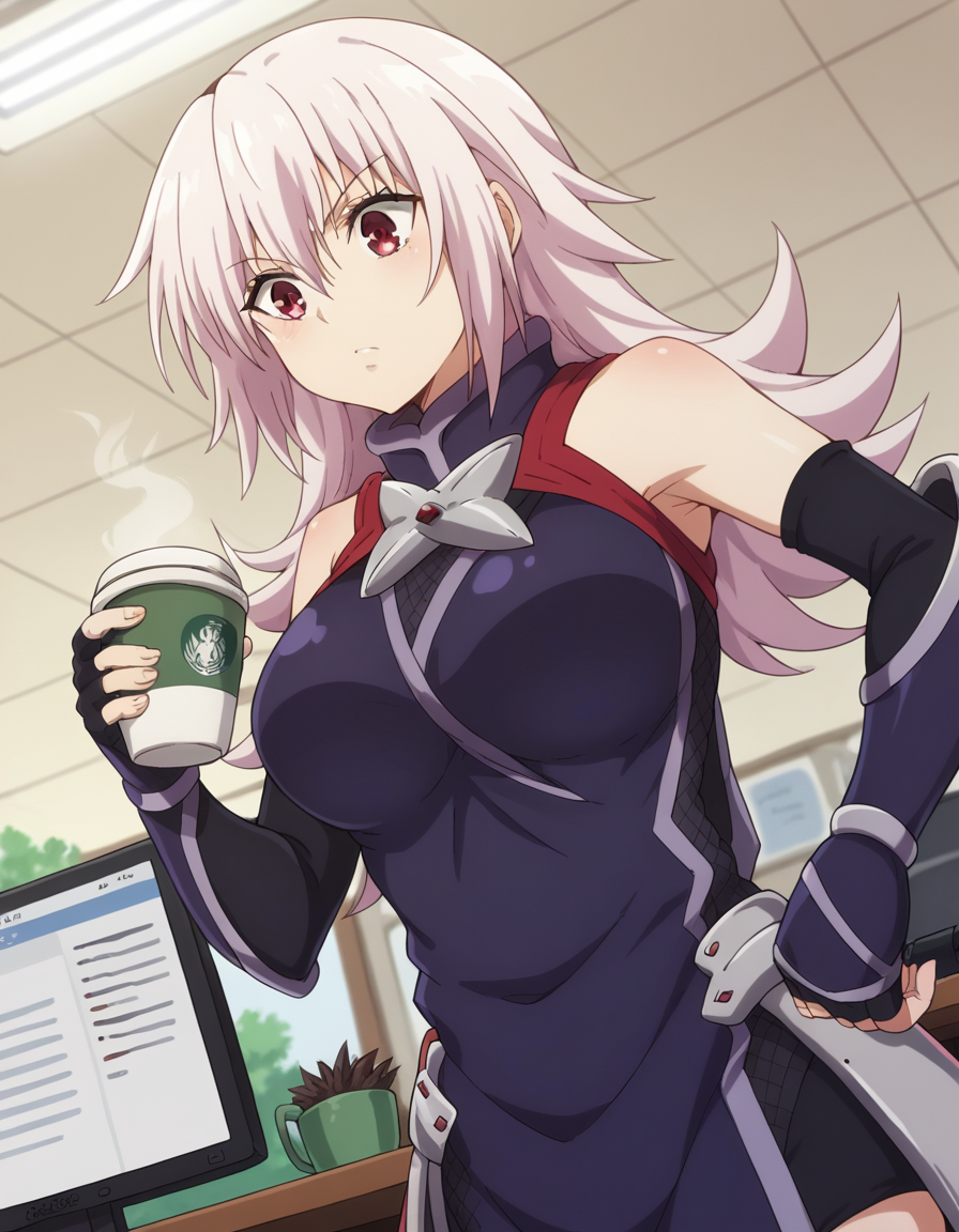 score_9, score_8_up, score_7_up, source_anime, <lora:matsuri-kazamaki-s1-v2-ponyxl-lora-nochekaiser:1>, matsuri kazamaki, long hair, red eyes, pink hair, hair between eyes, sidelocks, large breasts,, gloves, bare shoulders, black gloves, elbow gloves, fingerless gloves, ninja, home office, working from home, computer screen, coffee cup, focus, deadline, , , from below, solo,, cowboy shot, dutch angle,