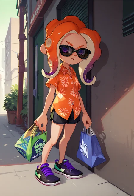 score_9, score_8_up, score_7_up, score_6_up, score_5_up, score_4_up, orange haired female octoling, green space city alley, hawaiian shirt, sunglasses on forehead, shorts, nike shoes, morning, looking at viewer, teal and purple tones, shopping bag <lora:splatoonxl41-pdv6xl:1>